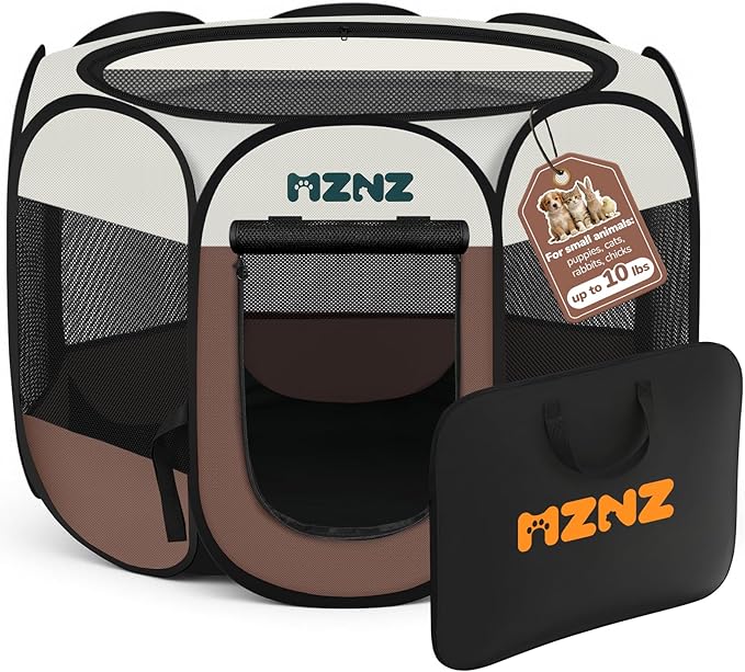 Dog Cat Playpen, Portable Small Animal Playpen Crate Indoor for Dogs Cats Rabbits, Foldable Guinea Pigs Bunny Cage Enclosure for Outdoor, Pop Up Dogs Cats Tent Kennel with Carrying Case, Brown