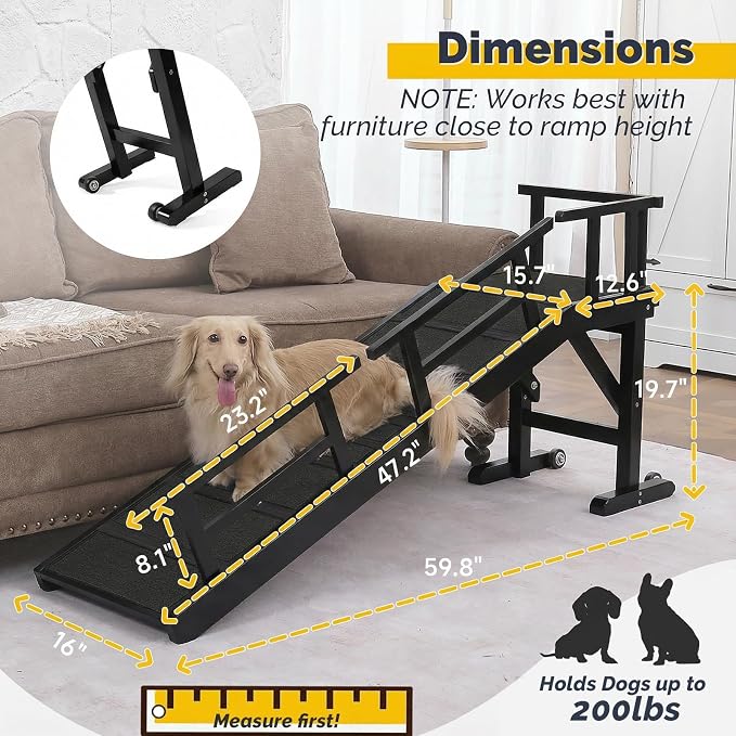 Dog Ramp for Bed or Couch, Wooden Pet Ramp with 20° Gentle Slope, Removable Side Rails, Non-Slip Surface, Top Platform & Wheels, Safe Bed Ramp for Small, Large & Senior Dogs, 60" Long, Black