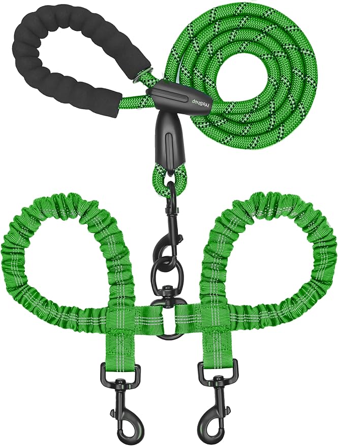 iYoShop Double Dog Leash, 360° Swivel, No Tangle, Large, 25-150lbs, Emerald | Dual Leash for Two Dogs, Split Leash, Shock-Absorbing Bungee, Padded Handle, Heavy-Duty Rope