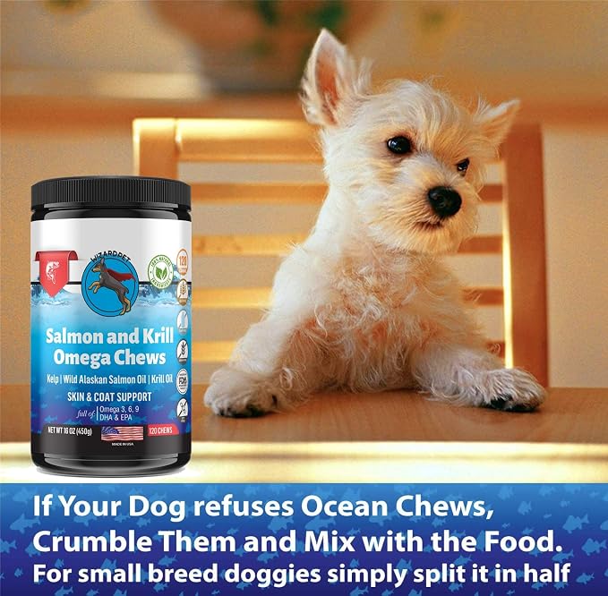 Wild Alaskan Salmon Krill Oil Chews for Dogs - 120 Soft Treats - Omega 3 6 9 Fish Supplement EPA, DHA for Itch-Free Skin Coat Joints - Allergy Relief - Reduce Hair Shedding - Made in USA