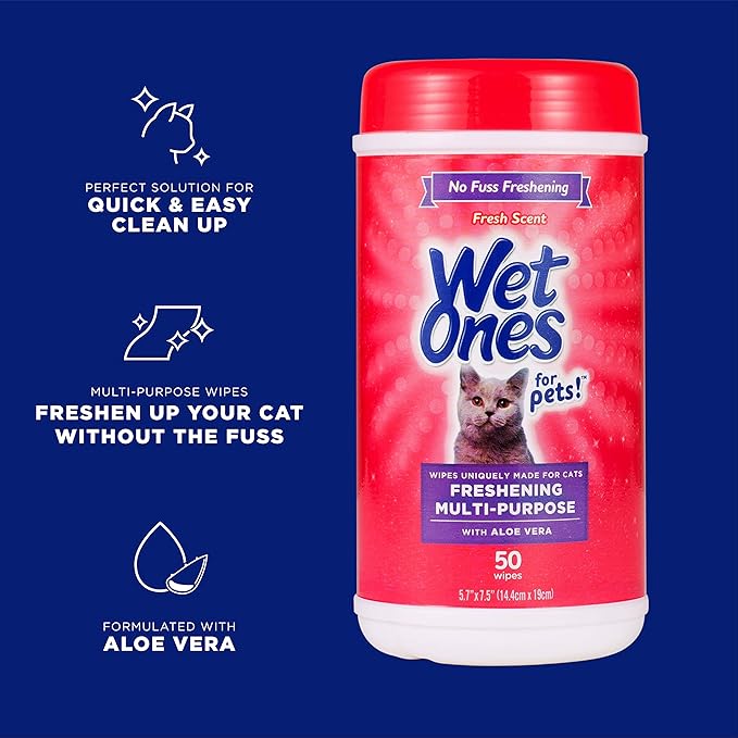 Wet Ones for Cats Freshening Multi-Purpose Grooming Wipes with Aloe Vera, 50 Count