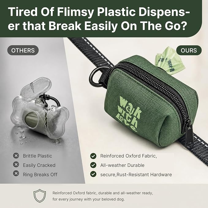 Dog Poop Bag Holder For Leash, Doggy Poop Bag Dispenser With Velcro Attachment, Suitable For Any Retractable Leash, Reusable Dispenser For Travel, Walking, Park, And Outdoor Use (Green)