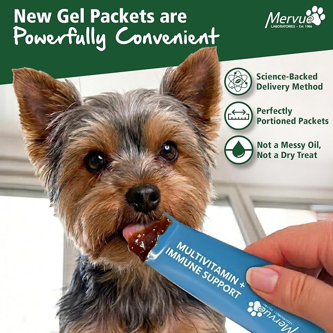 Mervue Multivitamin + Immune Support for Dogs (28 Day Supply) | Pre-Measured Small Dog Vitamins in Gel Packets – Multivitamin for Dogs w/Beta-Glucans & Vitamin C for Energy & Healthy Coat