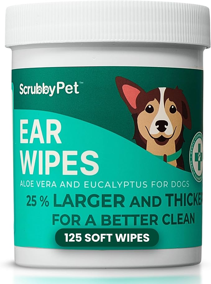 Scrubby Pet Dog Ear Wipes for Dogs | Extra Thick with Aloe Vera & Eucalyptus | 250 Count | Hypoallergenic Ear Cleaner for Dogs with Pearl Texture for Deeper Clean