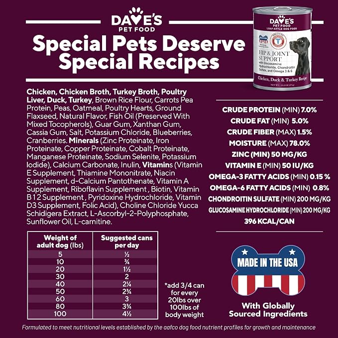 Dave's Pet Food Hip and Joint Support Dog Food, 13.2 oz, 12pk