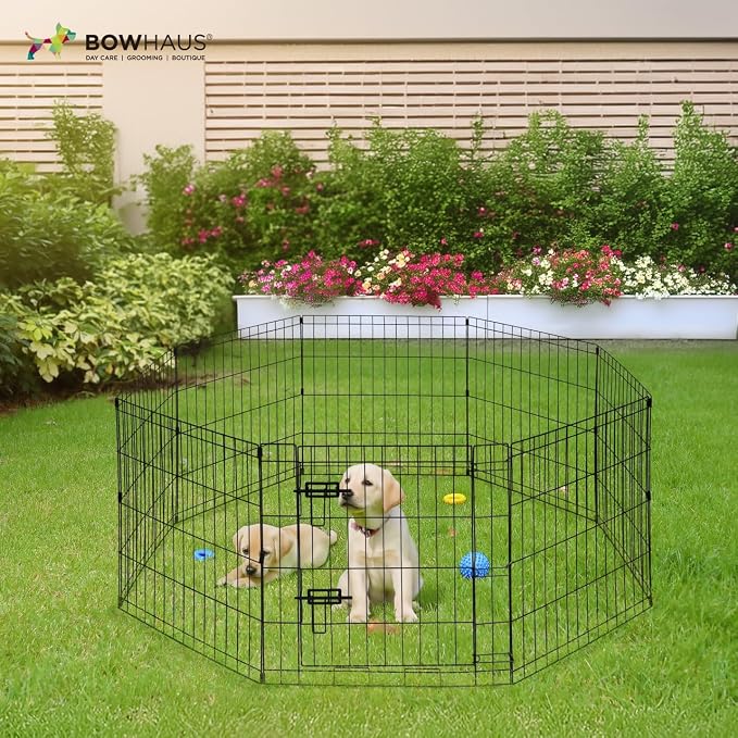 BOWHAUS Foldable Outdoor/Indoor Pet Playpen with Gate, Available in 24 Inch Height Metal Portable Kennel, Heavy-Duty Exercise Fence Cage 8 Panels for Small Dog, Animals
