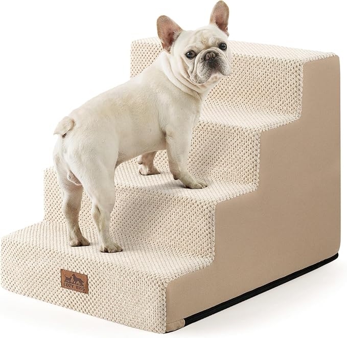 COZY KISS Dog Stairs for Small Dogs, 4 Step Pet Stairs for Beds & Couches | 17.7" Wider H Non-Slip Dog Steps for Bed, Ideal for Puppies, Senior Cats, and Small to Medium Dogs, 17.7x23.6x17.7 in, Beige