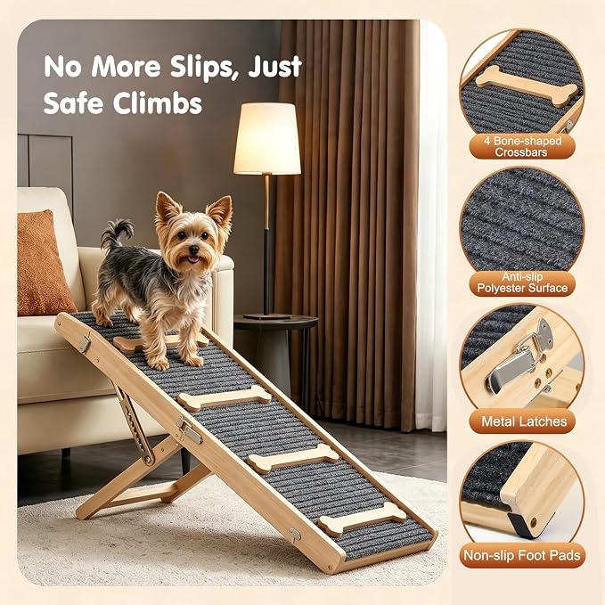 Pawaboo 2026 Upgraded Dog Ramp for Couch, Foldable Small Dog Ramp for Sofa with 7 Adjustable Heights from 2.2" to 18.5", Portable Non-Slip Pet Ramps for Couch Sofa, Wood