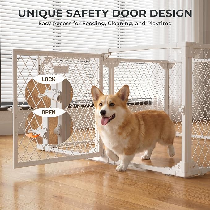 Dog Playpen Indoor - 24" Height 8 Panel Diamond Mesh Chew Resistant Puppy Playpen, Tool-Free Assembly, Dog Exercise Pen Indoors for Puppies and Small Dogs & Pets, Portable White Metal Dog Pen