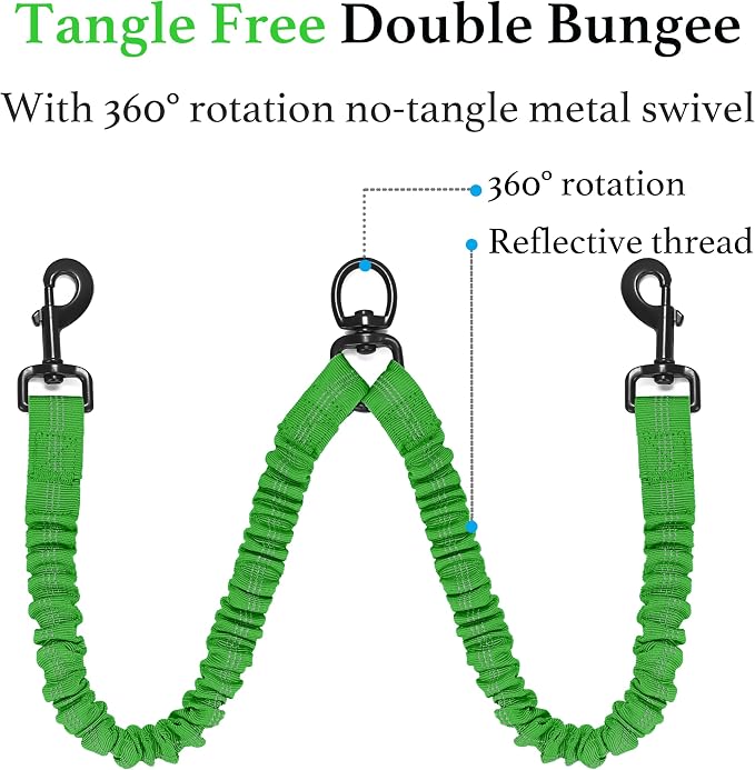 iYoShop Double Dog Leash, 360° Swivel, No Tangle, Large, 25-150lbs, Emerald | Dual Leash for Two Dogs, Split Leash, Shock-Absorbing Bungee, Padded Handle, Heavy-Duty Rope