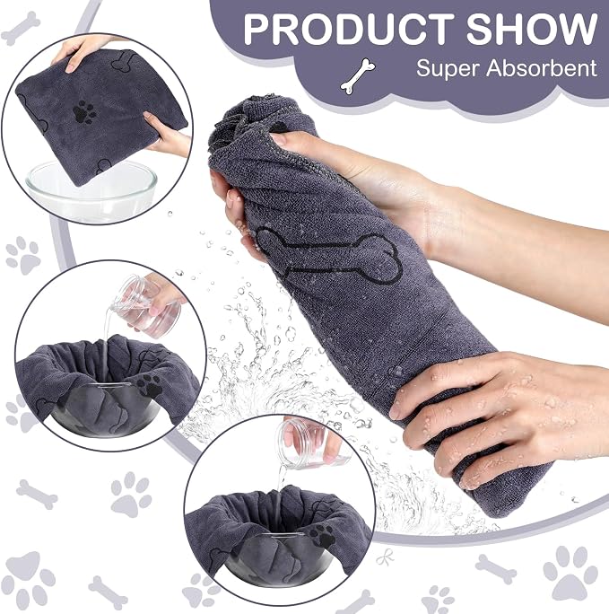 Chumia 8 Pcs Dog Towels for Drying Dogs Cats Pet Towels Bulk Puppy Microfiber Fast Drying Paw Bath Bathing Supplies Absorbent for Medium Pets(55 x 28 Inch,Dog Paw and Bone,Gray)