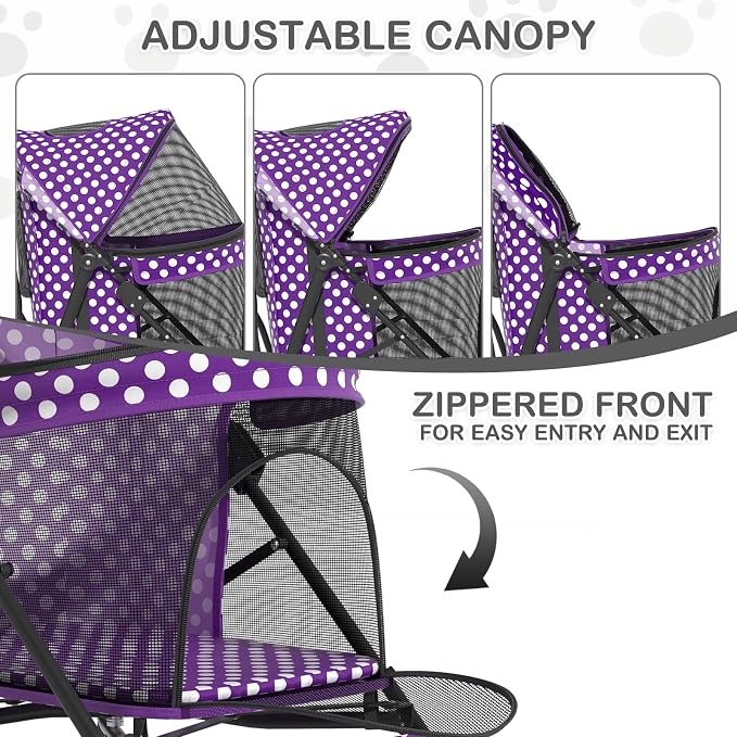 MoNiBloom 4-Wheel Foldable Pet Stroller - Purple Polka Dots