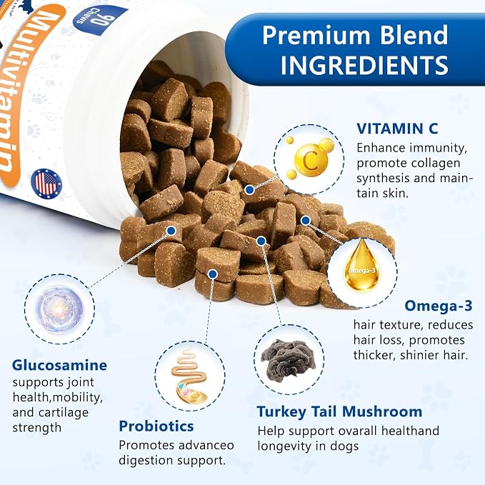 Dog Multivitamin Chewable, 40-in-1 Dog Vitamins Supplements with Mushroom, Glucosamine, Digestive Enzymes for Liver, Brain, Joint Gut & Eyes,Multivitamin for Dogs All Breeds & Ages