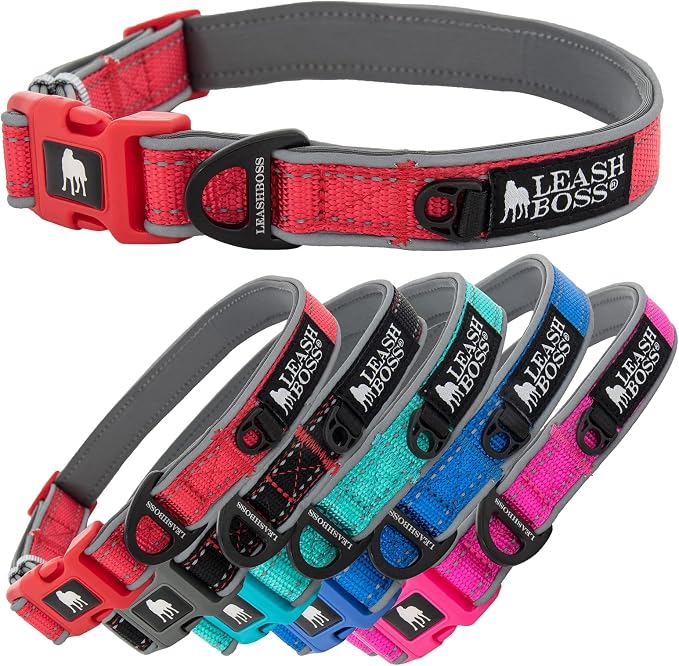 Leash Boss Adjustable Reflective Dog Collar, Quick-Release Buckle and Reflective Piping and Threads for Small, Medium and Large Dogs (Large - Red 16.5-25" Neck x 1" Wide)