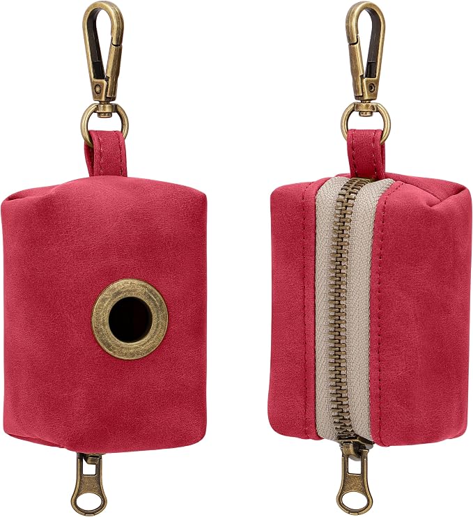 Didog Stylish Dog Poop Bag Holder for Leash, Easy-Pull and Colorful PU Leather Dog Poop Bag Dispenser with Metal Clip, Includes 1 Roll Pet Waste Bag for Daily Walking,Red
