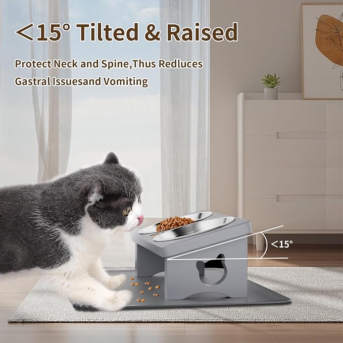 Elevated Cat Bowls, 15° Tilted Raised Cat Food Bowl with Solid Wood Stand & Stainless Steel Dishes, Cat Feeding Station with Silicone Mat, Helps Reduce Vomiting for Cats & Small Dogs(Slate Grey)
