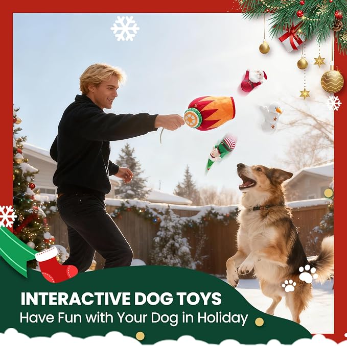Nocciola Christmas Squeaky Dog Toys 4PCS, Interactive Hide and Seek Dog Toys Christmas Theme- Santa/Snowman/Elf in Cannon Toys Plush, Crinkle Dog Chew Toys for Large Medium Small Dogs