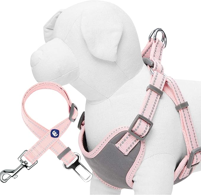 Blueberry Pet Pastel Colored Reflective Dog Harness with Seatbelt Clip – Adjustable No-Pull Pet Vest for Walking and Car Safety, Large Size in Baby Pink