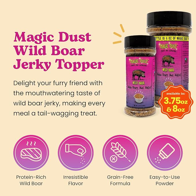 Magic Dust Wild Boar Jerky Topper, Single Protein Pet Food Topper for Dogs & Cats, Enhance Flavor & Elevate Mealtime Excitement for Picky Eaters - 3.5oz Bottle in Wild Boar Flavor