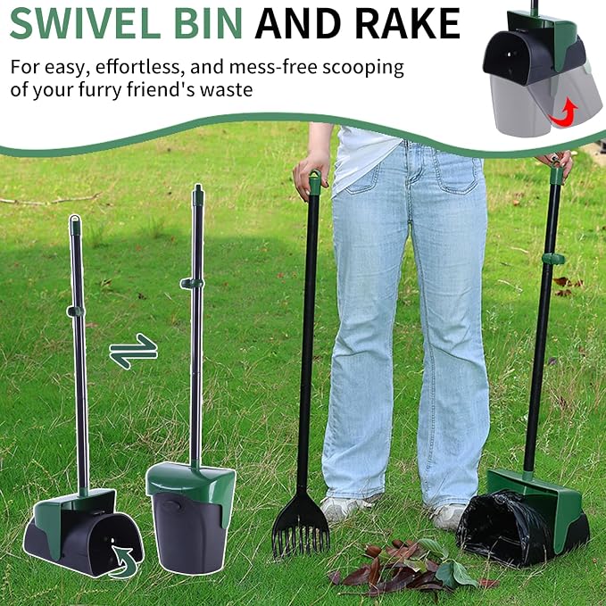 ienjoyed Pooper Scooper Large Swivel Bin & Rake with 160 Waste Bags,Heavy Duty Dog Pooper Scooper with Bag Attachment for Dogs, Long Handle Poop Scooper with Lid for Yard, Grass, Gravel(Dark Green)