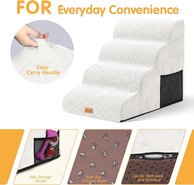 Topmart High Density Foam Dog Steps 4 Tiers,Extra Wide Deep Pet Steps,Non-Slip Dog Stairs Ramp for Bed,Soft Foam Cat Ladder,Best for Older Injured,Older Pets,Cats with Joint Pain