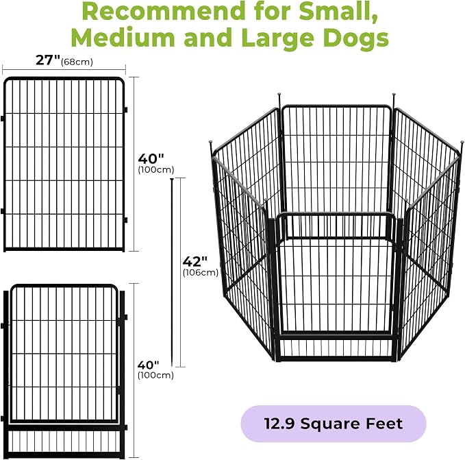 SunsGrove Dog Playpen Outdoor, 40 inch 6 Panels with Wider Door for Medium and Large Dogs, Free and Safe Play Dog Fence Indoor, Black