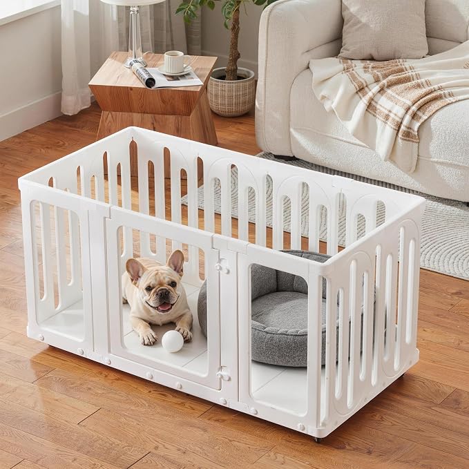 Mobile Acrylic Dog Playpen Indoor with Bottom Panels & Wheels, Puppy Play Pen with DIY Easy Assemble, Moveable Pet Fence for Puppies (24''Tall, 8 Panels + 4 Bottom Panels + 8 Wheels)