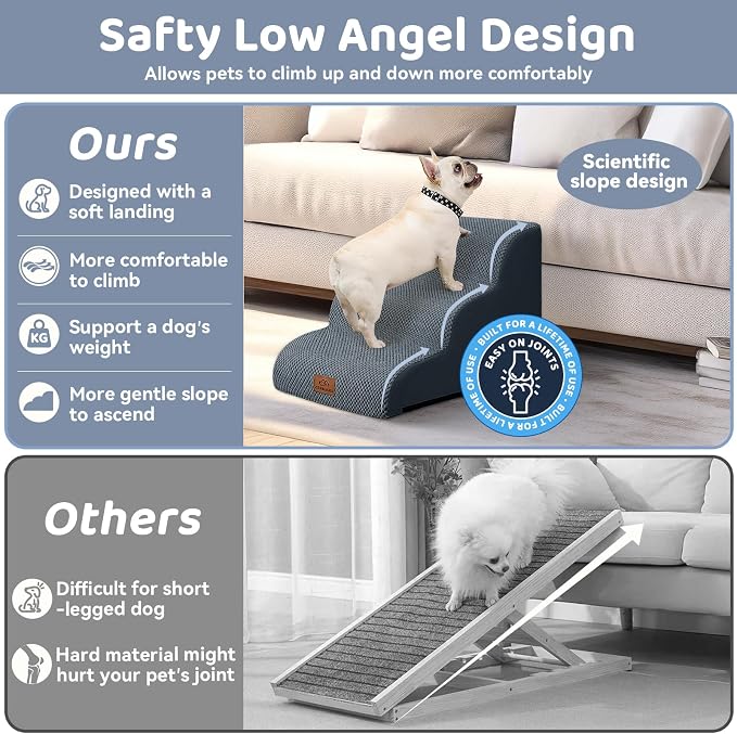 Zerbuger Dog Ramp and Stair for Bed 16" H-20 H,3-Step Cat Stair for Sofa and Chair,4-Step Dog Ramp for High Bed and Window,Durable Nonslip Fabric Cover for Indoor (Dark Grey-16 H, Pet Friendly, 3)