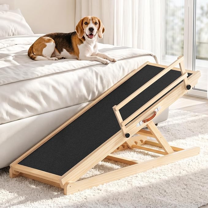 Dog Ramp for Bed, Sofa & Car, for Senior, Injured & Small to Large Dogs | 6 Height Settings (20.3"-27") , Non-Slip Carpet Surface , Solid Wood 200LB Capacity, Foldable with Side Safety Rails