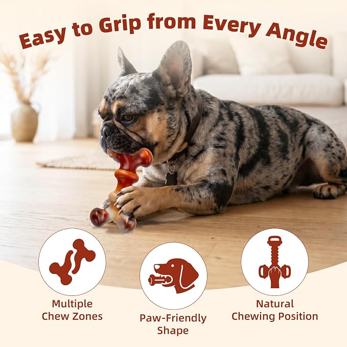 Dog Chew Toys for Aggressive Chewers, 3-Pack Tough Nylon | Dog Bones with Bacon Flavor for Medium & Large Dogs, Dental Cleaning, 3 Unique Shapes, Keeps Dogs Busy