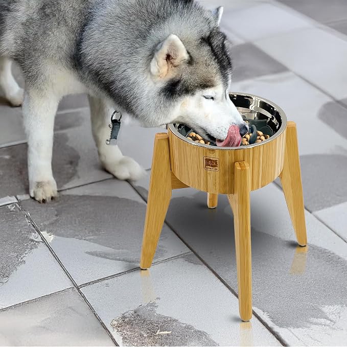 Elevated Slow Feeder Dog Bowls Large Breed - (12-inch-high) - Raised Bowl with Anti-Choking Insert - Stainless Metal and Bamboo