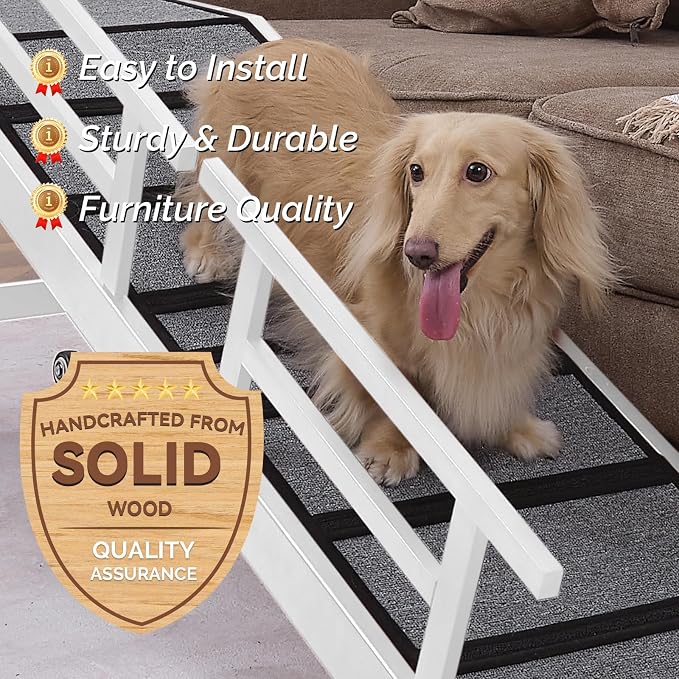 Dog Ramp for Bed or Couch, Wooden Pet Ramp with 20° Gentle Slope, Removable Side Rails, Non-Slip Surface, Top Platform & Wheels, Safe Bed Ramp for Small, Large & Senior Dogs, 60" Long, White