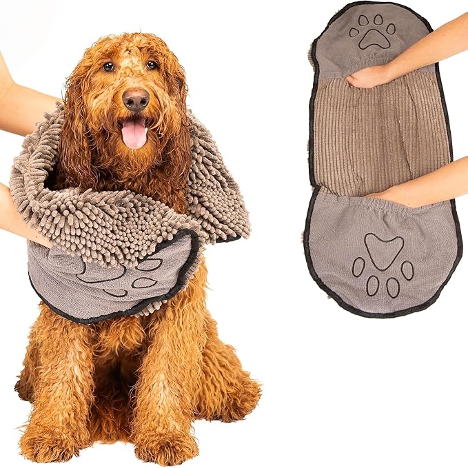 Dog Gone Smart The Dirty Dog Shammy - Fast Drying Plush Shammy Towel with Dual Hand Pockets and Elastic - Super Absorbent Polyamide Microfiber & Machine Washable - Grey, X-Large
