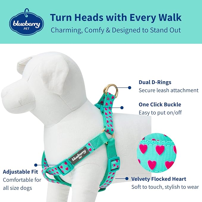 Blueberry Pet Step-in Dog Harness Velvety Heart Flocking Valentine’s Day Adjustable Harnesses for Medium Dogs, Mint Green, Chest Girth 20" - 26"