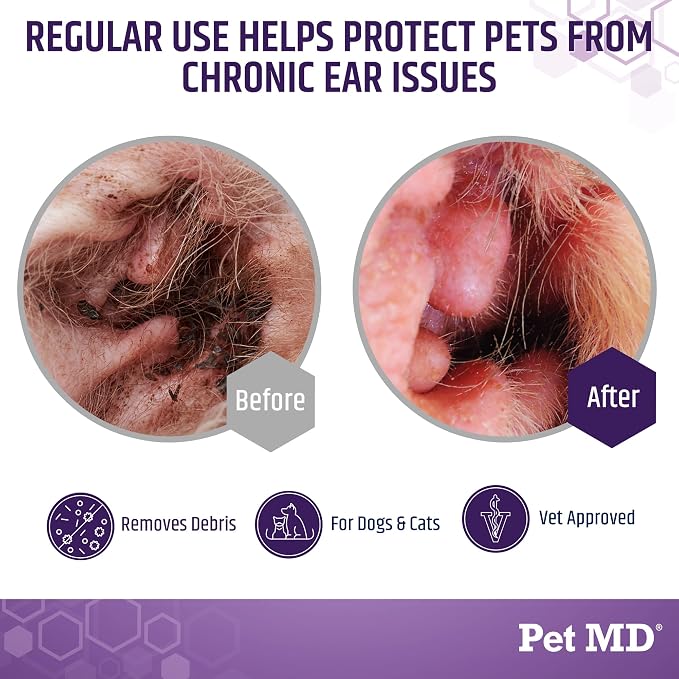 Pet MD Dog Ear Cleaning Wipes with Aloe and Eucalyptus + Veterinary Tris Flush Cat & Dog Ear Cleaner