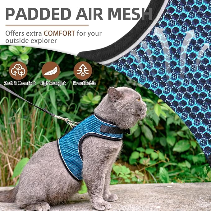 PUPTECK Soft Mesh Cat Vest Harness and Leash Set Puppy Padded Pet Harnesses Escape Proof for Cats Small Dogs (X-Large, Lake Blue)
