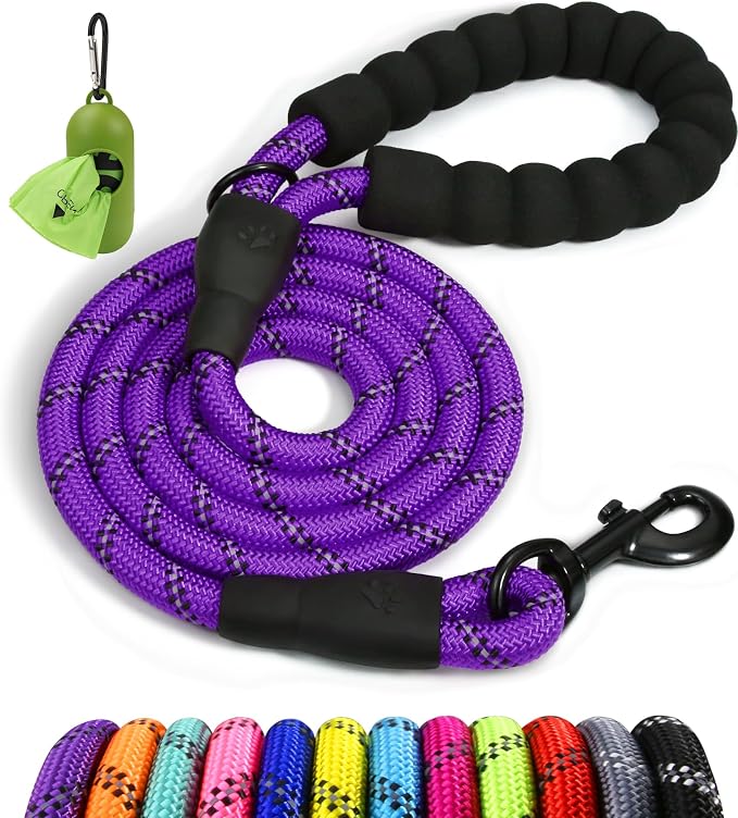Taglory Rope Dog Leash for Medium Large Dogs, 5 FT Padded Handle, Purple | Climbing Rope for Strong Pullers, Reflective for Night Walks and Training, Comfortable Grip, Anti-tangle Swivel Clip 1/2 inch
