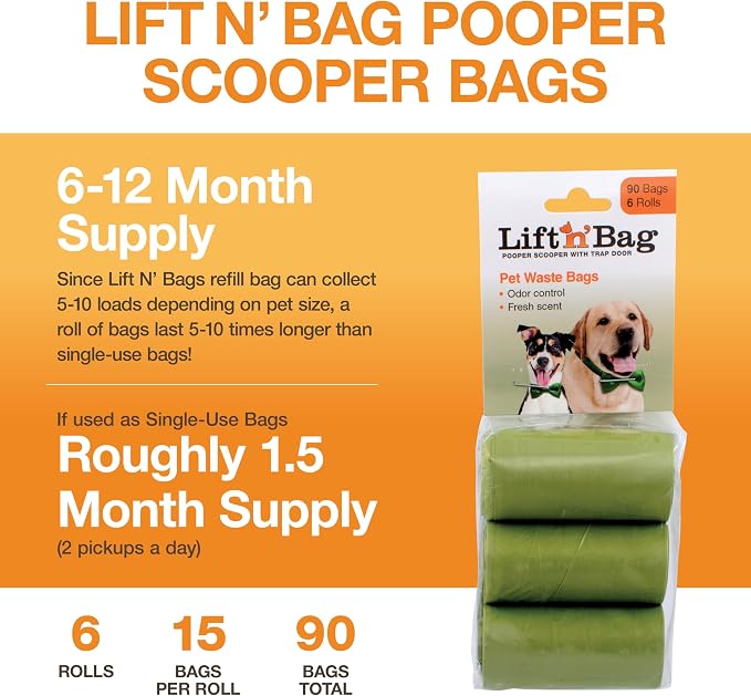 Neater Pets Lift N’ Bag Extra-Capacity Dog Poop Bags Rolls, 20% Thicker Leakproof Poop Bags for Dogs, Extra-Large Dog Pooper Scooper Refill Bags, 6 Rolls - 90 Count, Lavender Scent, 14.25” x 9.5”