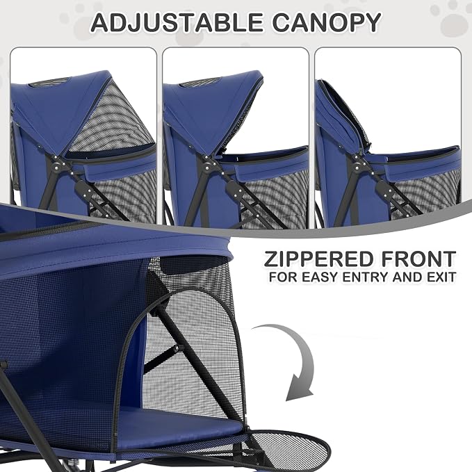 MoNiBloom 4-Wheel Foldable Pet Stroller - Navy Blue, up to 22lbs