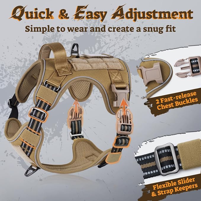 rabbitgoo Tactical Dog Harness for Small Dogs, No Pull Service Pet Vest | Military Molle System & Easy Control Handle, Adjustable and Reflective for Walking and Training, Brown, Small