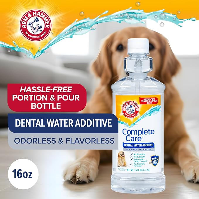 Arm & Hammer Complete Care Dental Water Additive, Easy Portion, 16 Fl Oz | Odorless, flavorless daily formula with baking soda supports tartar control for dogs