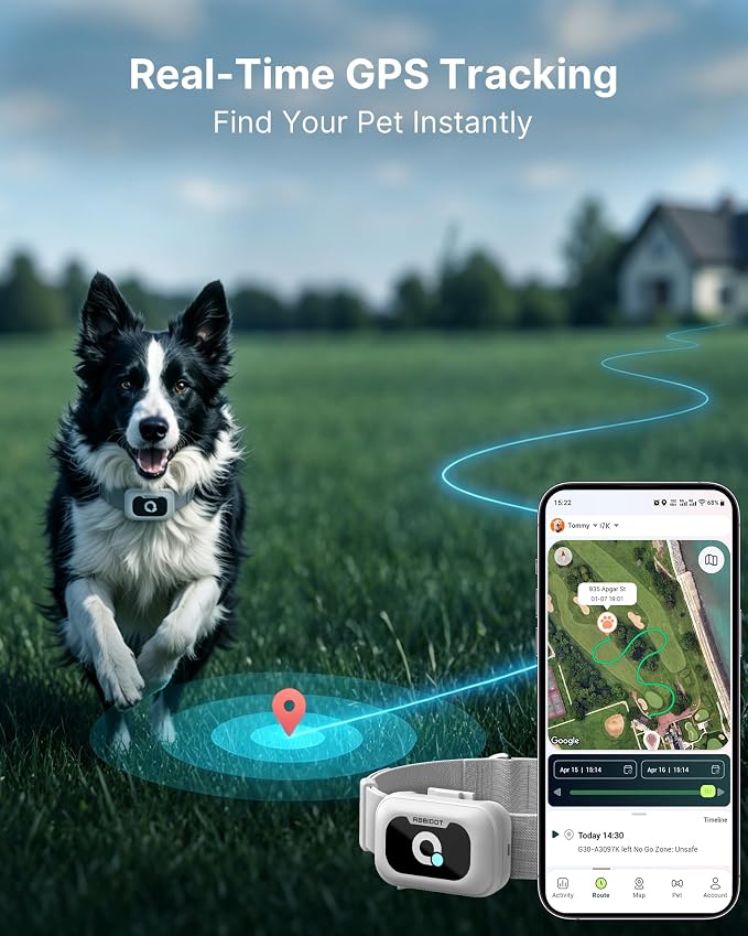 ABBIDOT GPS Tracker for Dogs - Real-Time Pet Tracker with Virtual Fence, Activity Monitor, Location History, Escape Alerts, 3-Mode Night Light, GPS Dog Tracker with Health & Behavior Monitoring