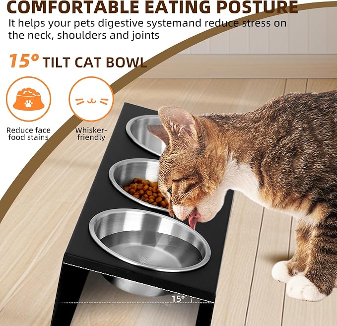 Elevated Cat Food Bowls - 15° Tilted Stainless Steel Cat Bowls, Anti Vomiting Raised Pet Feeder with Non-Slip Metal Base for Indoor Cats, 3 Bowl Set