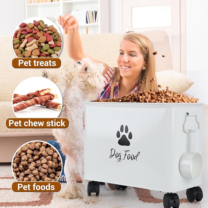 Dog Food Container 13lb, The storage container for small and medium-sized dog and cat food measures 13 inches (length) x 7.1 inches (width) x 11 inches (height), with enough space to hold 13 pounds of pet favorite dry food., 13lb, Metal, Black