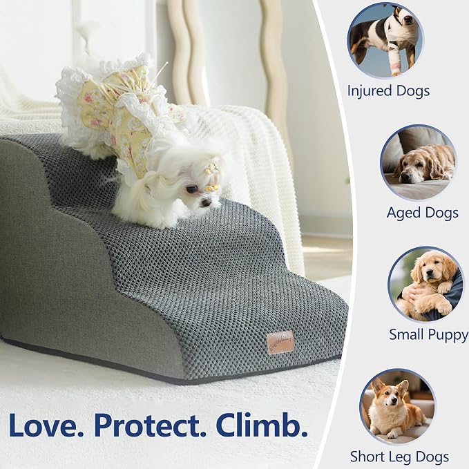 GoGoBunny Ramp Dog Stairs for Couch Sofa and Chair 15.7" H, 3-Step Pet Steps for Small Dogs and Cats, Non-Slip Waterproof Fabric Cover, Stable and Balanced Indoor Step, Pets Friendly, Grey