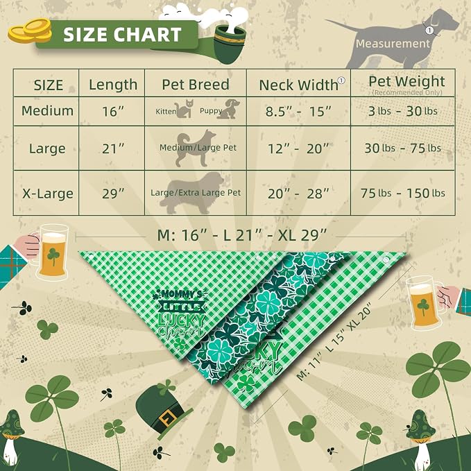 Dog Bandanas for St. Patricks Day 4 Leaves Clover, Large, Medium