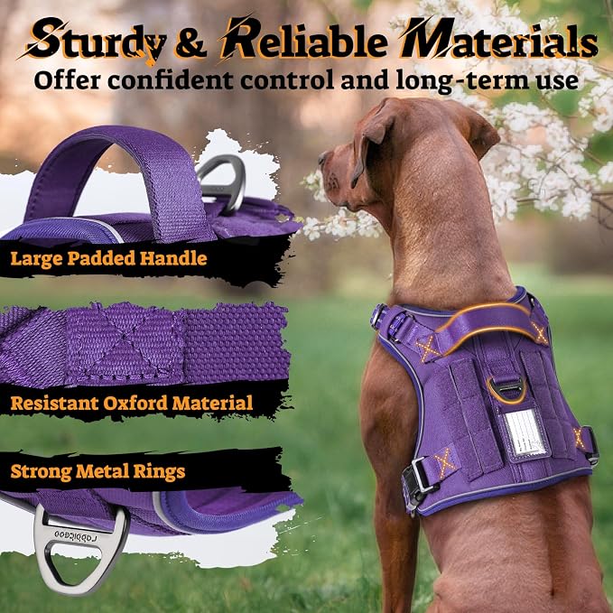 rabbitgoo Tactical Dog Harness for Large Dogs, No Pull Service Pet Vest | Military Molle System & Easy Control Handle, Adjustable and Reflective for Walking and Training, Purple, Large