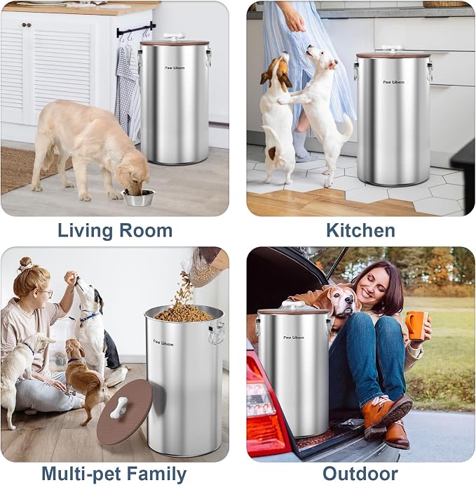 2 Pack 35 lb Stainless Steel Dog Food Storage Container Set with Wooden Lid, 2-Pack, 35 lb, Stainless Steel