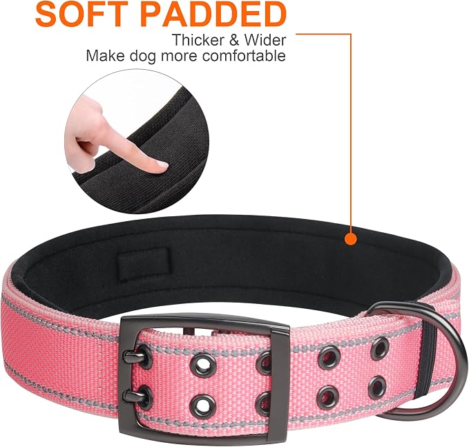 Fida Heavy Duty Dog Collar for Large Dogs with Metal Belt Buckle, Pink | 1.5" Width, Soft Neoprene Padded, Thicker Nylon Webbing, Adjustable Fit, Reflective Stitching for Night Safety