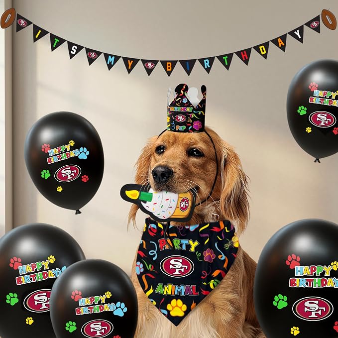 NFL SAN Francisco 49ERS Dog Birthday Party Set 10pcs with 1 Football Bandana Large/X-Large, 1 Crown Hat, 1 Banner, 1 Birthday Cake Toy & 6 B-Day Balloons, Dog Birthday Set, Costume, Fun Doggie Pawty